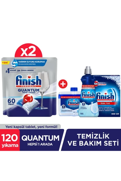 Finish Quantum 120 Tablet Bulaşık Makinesi Deterjanı (60x2) +Temizlik ve Bakım Seti