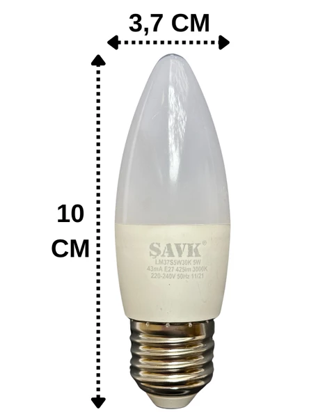 Şavk 5W (37W) 3000K (Sarı Işık) E27 Duylu Led Mum Ampul (8 Adet) - 3