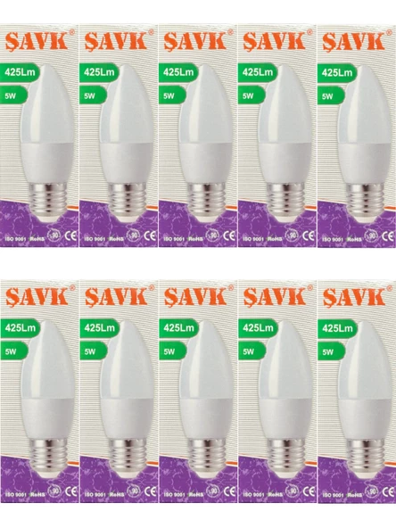Şavk 5W (37W) 3000K (Sarı Işık) E27 Duylu Led Mum Ampul (10 Adet)