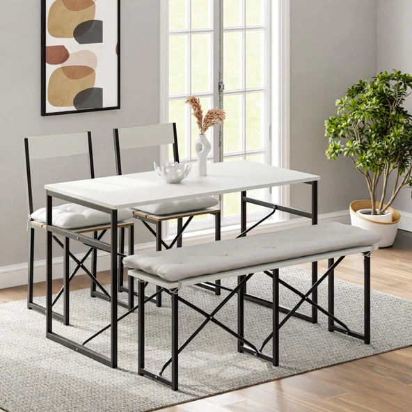 Eportatif Mutfak Masası Minderli Bank 120x60 Masa Set 2 Adet Sandalye Yemek Masası Beyaz 1550