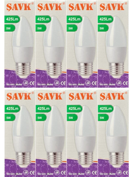 Şavk 5W (37W) 3000K (Sarı Işık) E27 Duylu Led Mum Ampul (8 Adet)