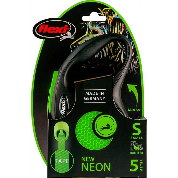 Flexi New Neon Otomatik Şerit Köpek Gezdirme Kayışı 5m [S] (Yeşil)