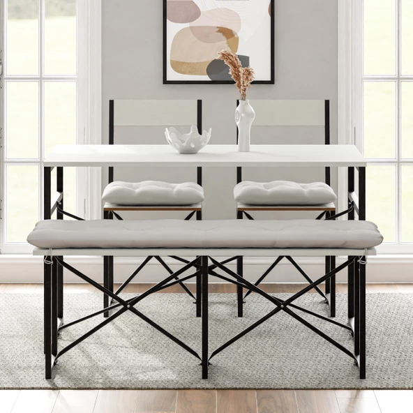 Eportatif Mutfak Masası Minderli Bank 120x60 Masa Set 2 Adet Sandalye Yemek Masası Beyaz 1550 - 3