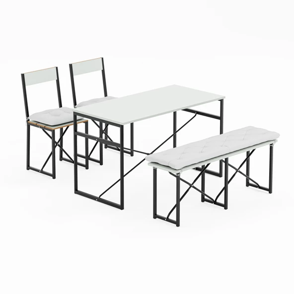 Eportatif Mutfak Masası Minderli Bank 120x60 Masa Set 2 Adet Sandalye Yemek Masası Beyaz 1550 - 5