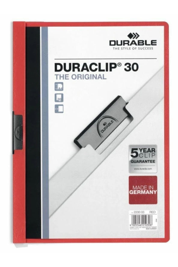 Durable Sıkıştırmalı Dosya DuraClip Ortadan Klipsli 30 Sayfa A4 Kırmızı (25 Li Paket)