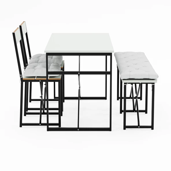 Eportatif Mutfak Masası Minderli Bank 120x60 Masa Set 2 Adet Sandalye Yemek Masası Beyaz 1550 - 4