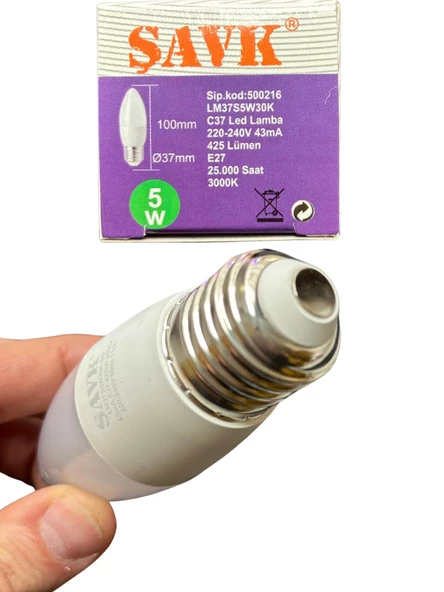 Şavk 5W (37W) 3000K (Sarı Işık) E27 Duylu Led Mum Ampul (8 Adet) - 5