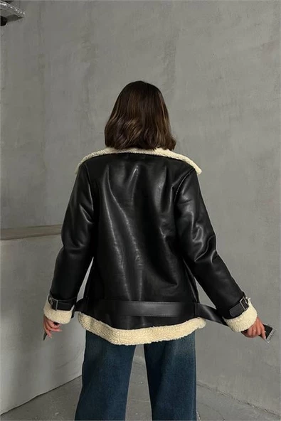 Dipmoda kadın siyah deri içi kıvırcık biker ceket DPG049 - 7