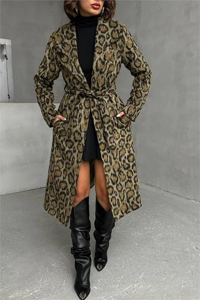 Dipmoda kadın leopar desenli ithal kaşe kaban DPG054 - Resim 3