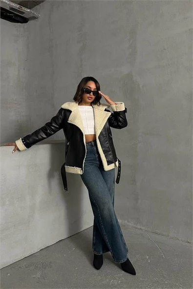 Dipmoda kadın siyah deri içi kıvırcık biker ceket DPG049 - 5