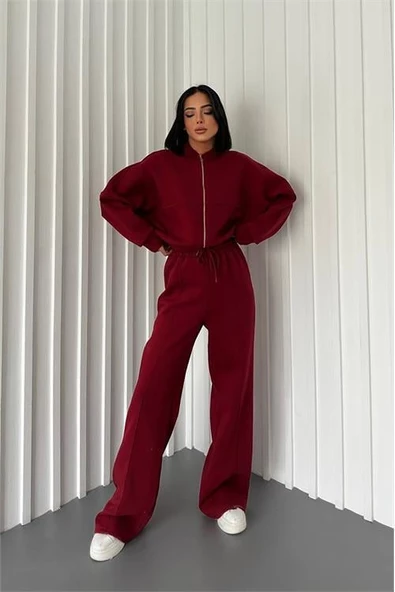 Kadın şardonlu üç iplik eşofman takımı DPGTS018 - Bordo - 4