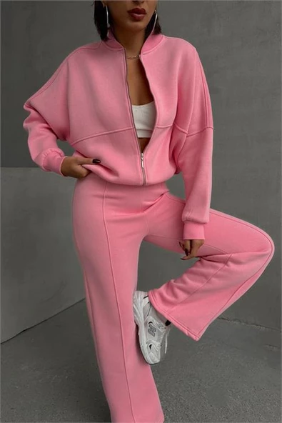 Kadın şardonlu üç iplik eşofman takımı DPGTS018 - Pembe - 3