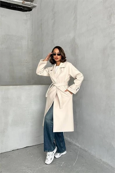 Dipmoda kadın astarlı bej ithal kaşe kaban DPG048 ürün görseli 1