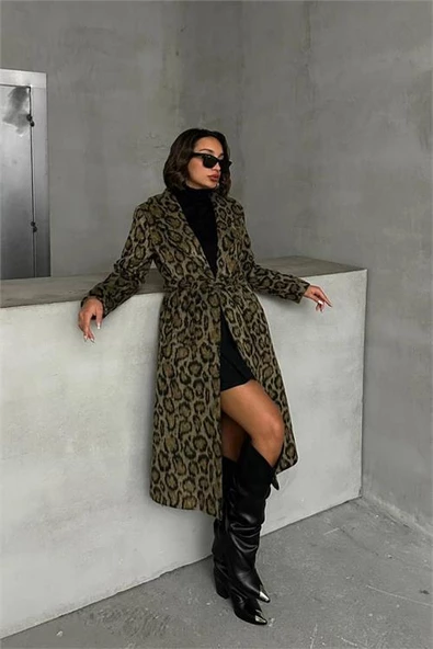 Dipmoda kadın leopar desenli ithal kaşe kaban DPG054 - Resim 2