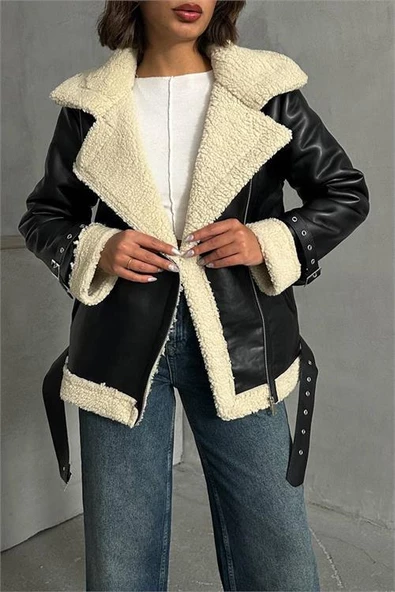 Dipmoda kadın siyah deri içi kıvırcık biker ceket DPG049 - 3