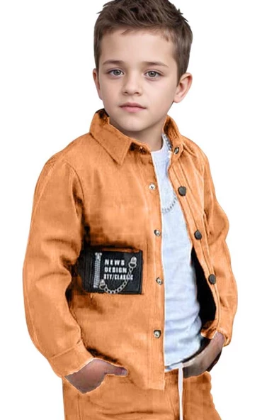 Erkek Çocuk Cıtcıt Düğme Detaylı Gömlek Yaka Ceket Penye Tişört Taba Eşofman Takım - 3