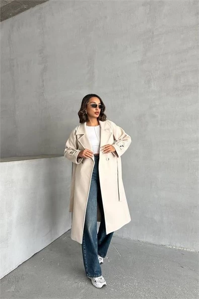 Dipmoda kadın astarlı bej ithal kaşe kaban DPG048 - Resim 3