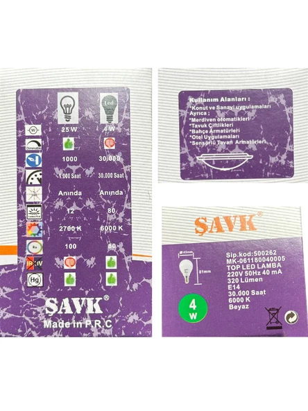 Şavk 4W (25W) 6000K (Beyaz Işık) E14 Duylu Led Top Ampul (2 Adet) - 4