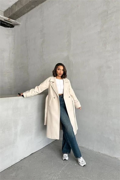 Dipmoda kadın astarlı bej ithal kaşe kaban DPG048 - Resim 2