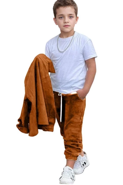 Erkek Çocuk Cıtcıt Düğme Detaylı Gömlek Yaka Ceket Penye Tişört Taba Eşofman Takım - 2