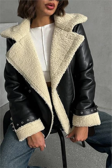 Dipmoda kadın siyah deri içi kıvırcık biker ceket DPG049