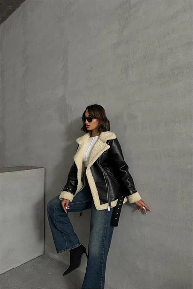 Dipmoda kadın siyah deri içi kıvırcık biker ceket DPG049 - 6