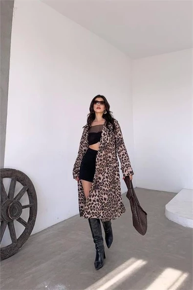 Dipmoda kadın leopar desenli midi boy trençkot DPMYLK31 - 3