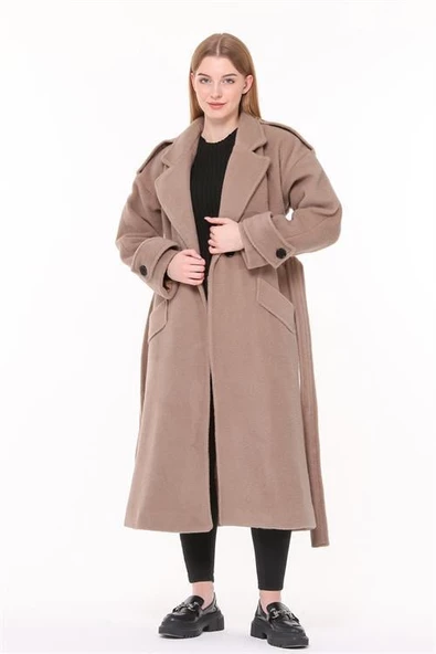 Dipmoda kadın kuşaklı oversize yün kaşe kaban DPPLTN02 - Camel