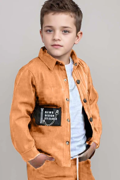 Erkek Çocuk Cıtcıt Düğme Detaylı Gömlek Yaka Ceket Penye Tişört Taba Eşofman Takım - 6