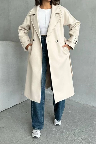 Dipmoda kadın astarlı bej ithal kaşe kaban DPG048 - Resim 5