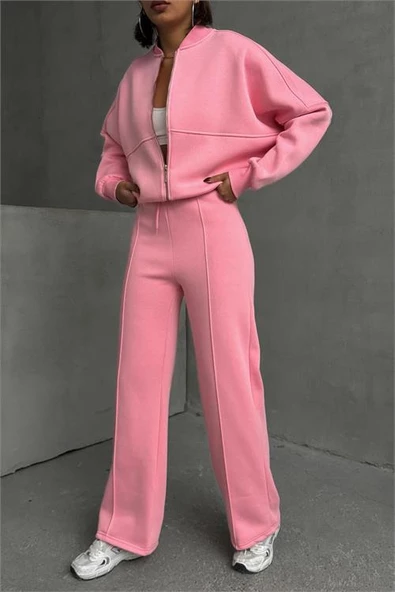 Kadın şardonlu üç iplik eşofman takımı DPGTS018 - Pembe - 4