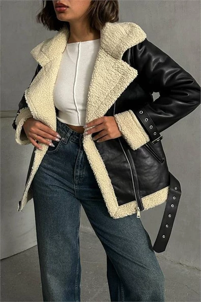 Dipmoda kadın siyah deri içi kıvırcık biker ceket DPG049 - 2