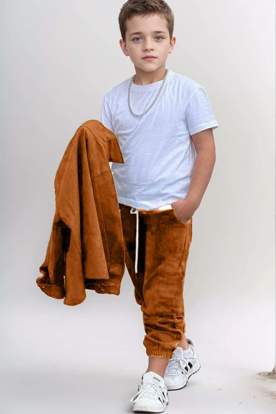 Erkek Çocuk Cıtcıt Düğme Detaylı Gömlek Yaka Ceket Penye Tişört Taba Eşofman Takım - 5