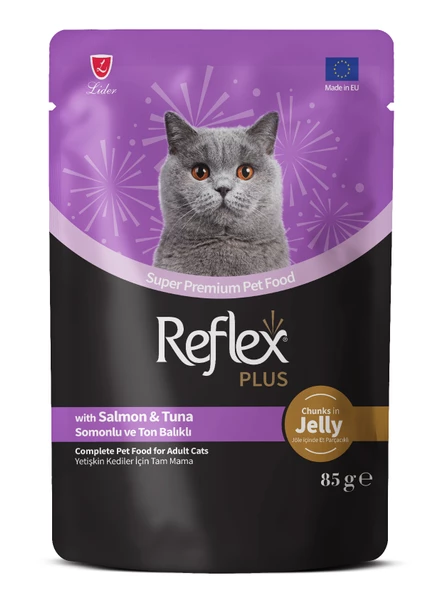 Reflex Plus Jöle İçinde ET Parçacıklı Somonlu ve Ton Balıklı Yetişkin Yaş Maması 85gr