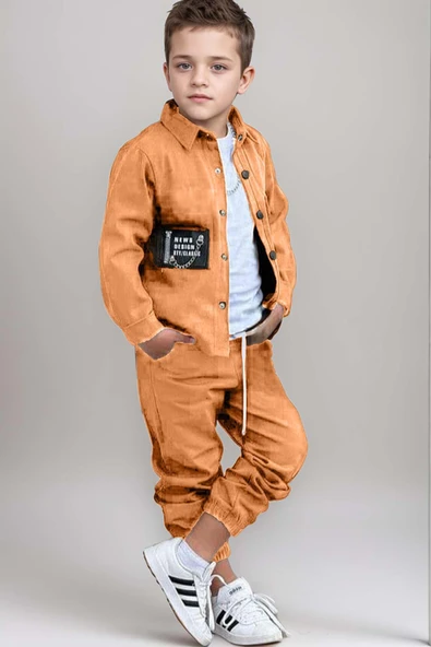 Erkek Çocuk Cıtcıt Düğme Detaylı Gömlek Yaka Ceket Penye Tişört Taba Eşofman Takım - 4