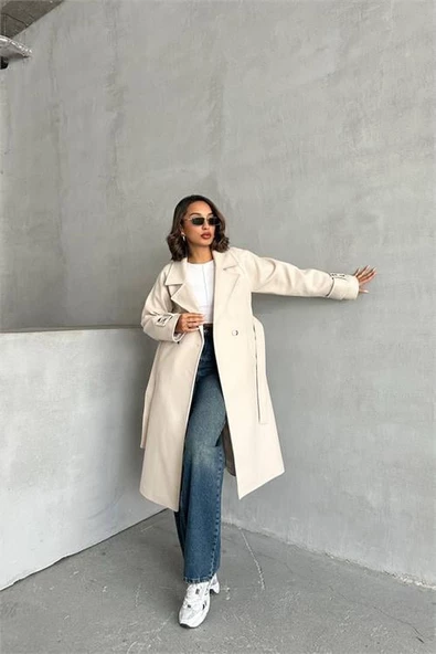 Dipmoda kadın astarlı bej ithal kaşe kaban DPG048 - Resim 4