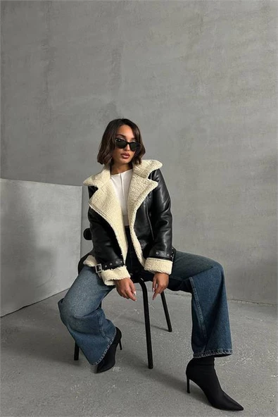 Dipmoda kadın siyah deri içi kıvırcık biker ceket DPG049 - 4