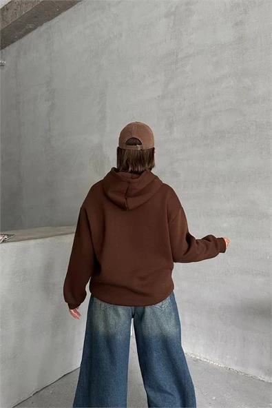 Dipmoda kadın kahve nakış detaylı kapuşonlu kışlık sweat DPG032 - 6