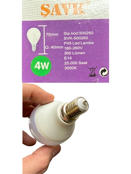 Şavk 4W (40W) 3000K (Sarı Işık) E14 Duylu Led Top Ampul (8 Adet) - 5