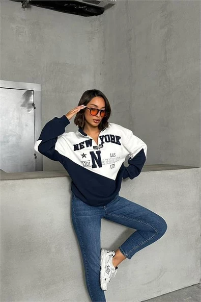 Dipmoda kadın lacivert fermuarlı New york sweat DPG050 - 3