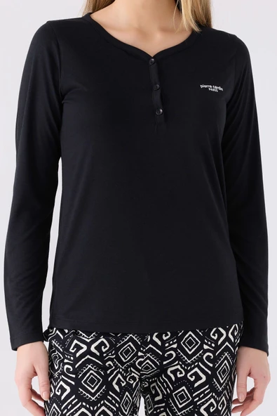 Pierre Cardin PC8871-S Kadın Siyah Uzun Kol Pijama Takım - Resim 4