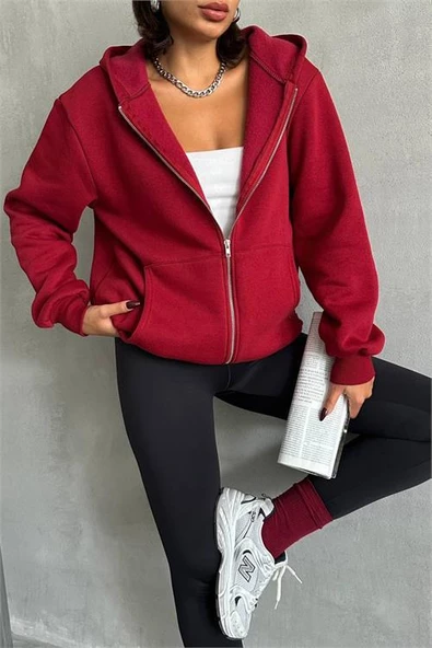 Dipmoda kadın bordo kapuşonlu içi pamuklu sweat DPG030 - 2