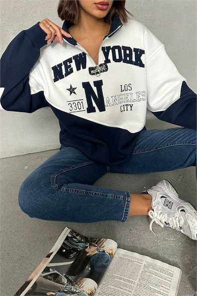 Kadın lacivert fermuarlı New york sweat DPNBG050