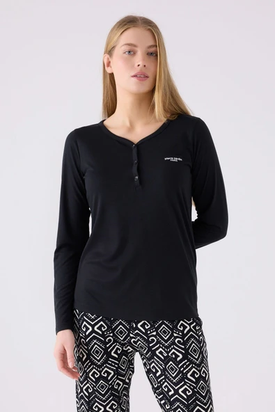 Pierre Cardin PC8871-S Kadın Siyah Uzun Kol Pijama Takım - Resim 2