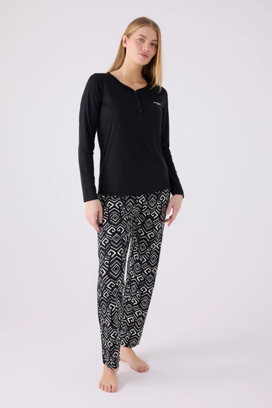 Pierre Cardin PC8871-S Kadın Siyah Uzun Kol Pijama Takım - Resim 3