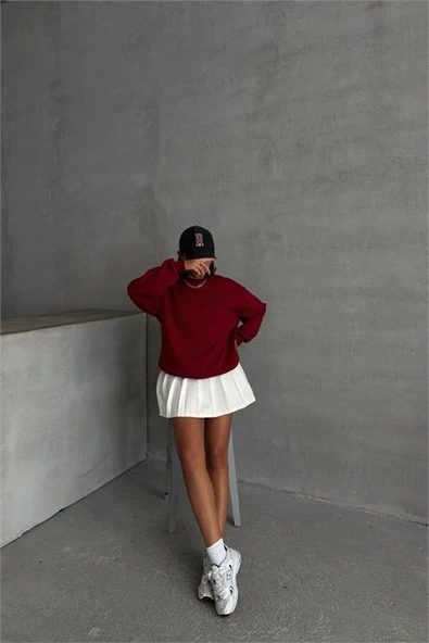 Dipmoda kadın bordo bisiklet yaka pamuklu sweat DPG031 - 3