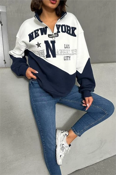 Dipmoda kadın lacivert fermuarlı New york sweat DPG050 - 5