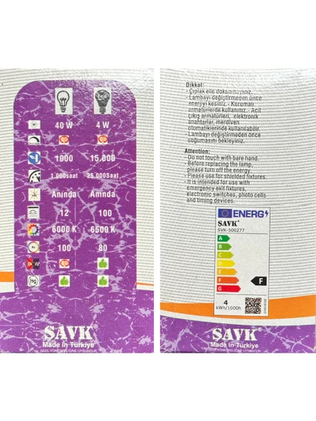 Şavk 4W (40W) 6500K (Beyaz Işık) E27 Duylu Led Top Ampul (4 Adet) - Resim 4