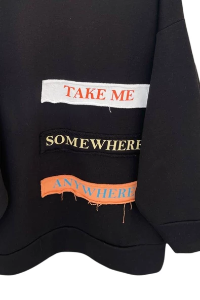 Lsk Kadın Siyah Garni Baskı Detaylı Sweat 6595 - Resim 2