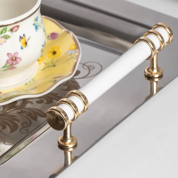 Porsima Yüzük 2li Paslanmaz Çelik Gümüş Kahve Tepsisi Gold Beyaz Desenli Dekoratif Servis Sunum Tepsisi - 4